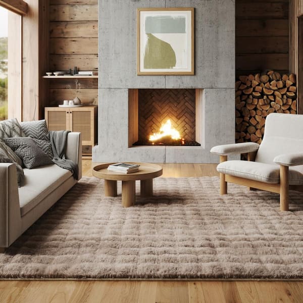 Ivana Checkered Plush Cloud Washable Taupe 6 ft. x 6 ft. Indoor Square Rug