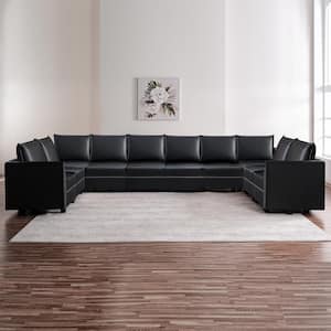 164.38 in Modern 10-Seater Upholstered Sectional Sofa in Black Air Leather - Sofa Couch for Living Room/Office