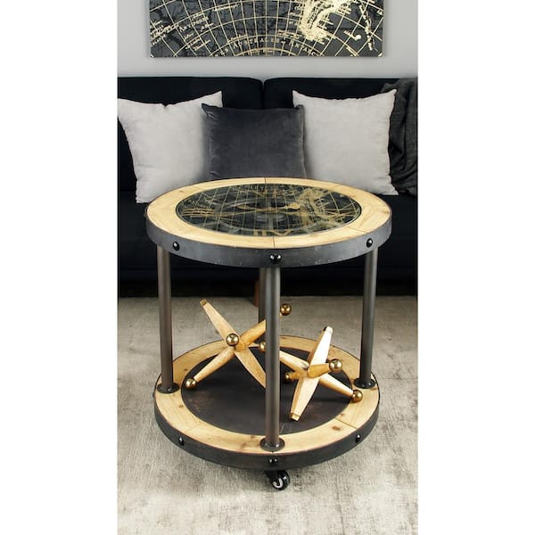 Litton Lane Black Iron Clock Face Side Table With A Stained Brown Wooden Frame 44382 The Home Depot