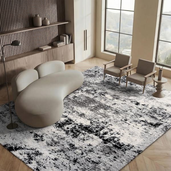 Lindsay Shag 9 ft. x 12 ft. Gray/Black Ivory Patchy Abstract Area Rug