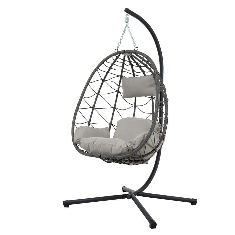 Gray Steel Outdoor Egg Hanging Chair with Cushions