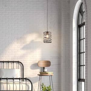 Lavie 8 in. 1-Light Rusty Bronze Industrial Pendant Light with Spiral Iron Lantern Cage