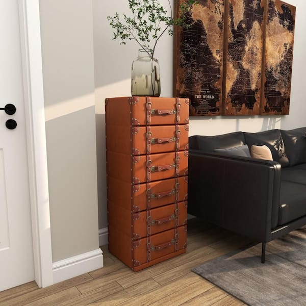 Litton Lane 6-Drawer Brown Faux Leather Chest with Buckle and