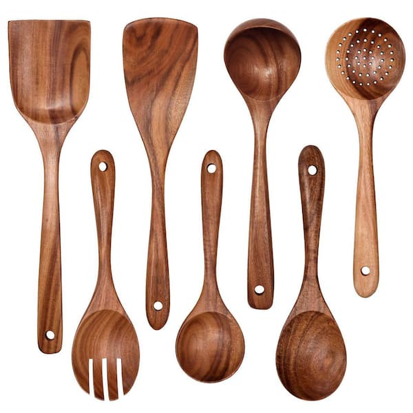 7-Piece Natural Teak Wooden Kitchen Utensil Set with Spatulas, Spoons and Salad Fork, Non-Stick Cookware Toolset