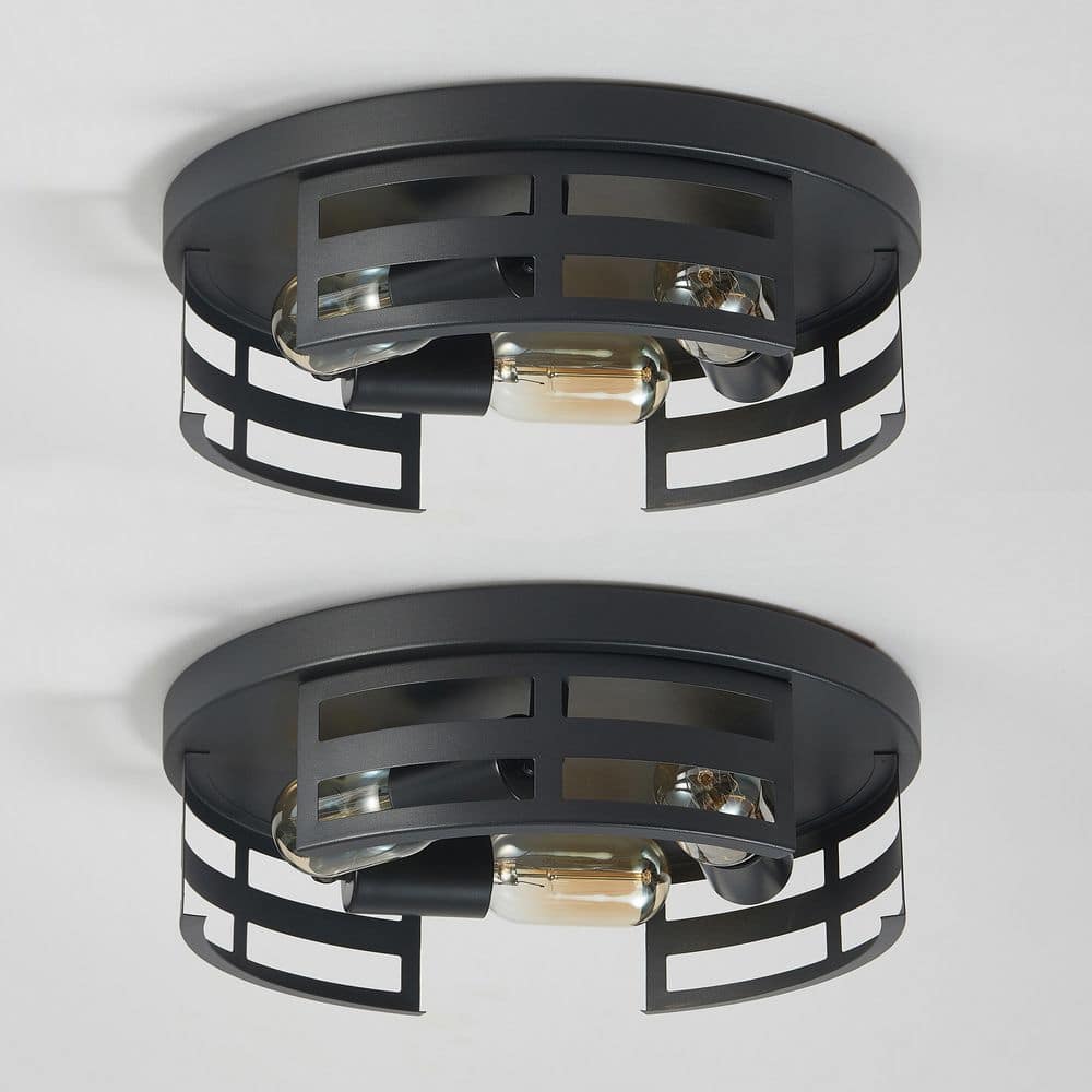 12.6 in. 3-Light Black Flush Mount Ceiling Light Fixture with Metal Caged Shade and No Bulbs Included (2-Pack) price history on PriceWatchPro