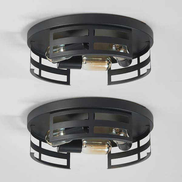 12.6 in. 3-Light Black Flush Mount Ceiling Light Fixture with Metal Caged Shade and No Bulbs Included (2-Pack)