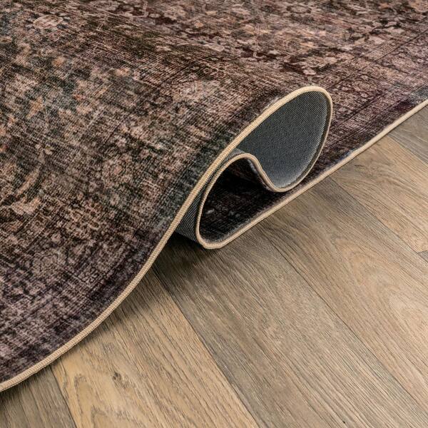 Distressed Allover Chestnut Brown Machine Washable Non-Slip Backing 2 ft. x 12 ft. Brown Area Rug