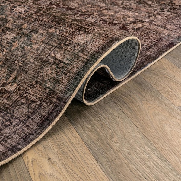 Distressed Allover Chestnut Brown Machine Washable Non-Slip Backing 2 ft. x 6 ft. Brown Area Rug
