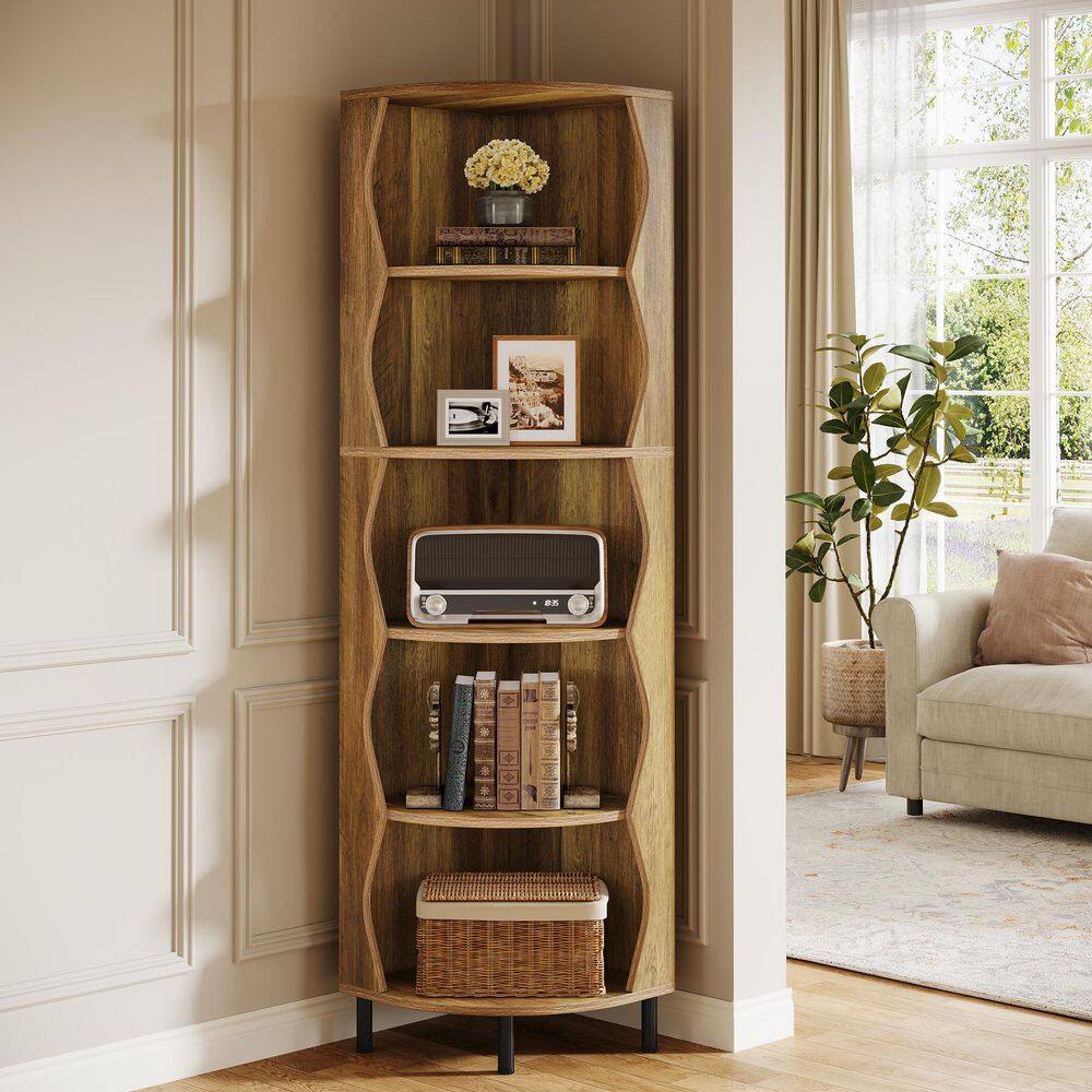 Jannelly 71.5 in. Tall Brown Wood 6-Shelf Corner Bookshelf Set of 2, Stylish Bookcase Display Shelf with Curved Design