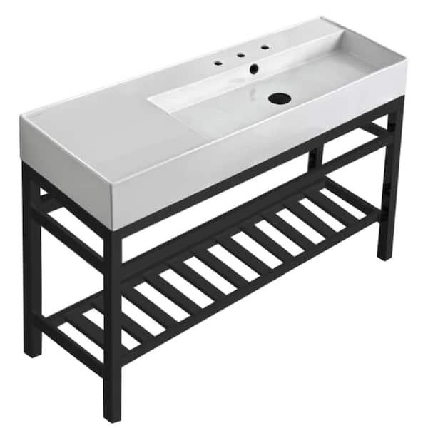 Nameeks Teorema 2-Ceramic White Console Sink and Leg Combo in Matte Black