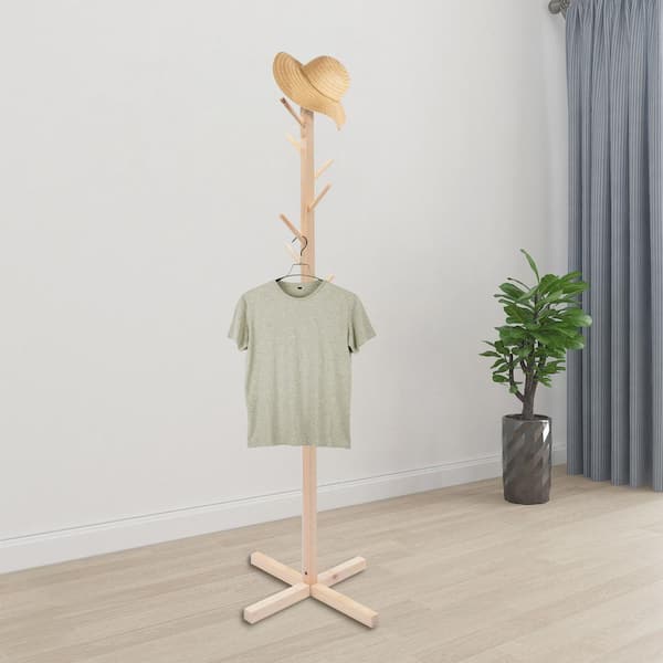 Clothes Stand,Coat Rack,2 in 1 Single Pole Wooden Coat Hat Stand Free  Standing with 4 Hooks and 1 Tray Hallway Clothes Rack Hat Hanger 180cm  (Color : Wood Color) : : Home