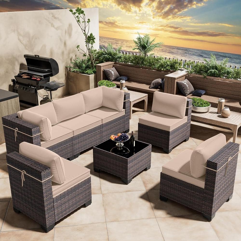 Halmuz 7-Piece Wicker Outdoor Sectional Set with Cushion Sand 7PS