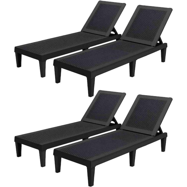 Resin Outdoor Chaise Lounge (Set of 4), Waterproof Quick Assembly Chairs with Adjustable Back, Black