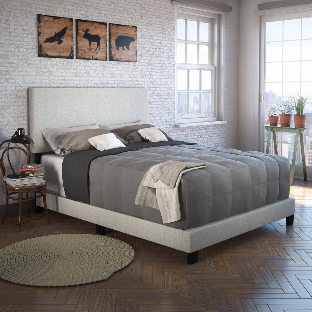 Full Gray Linen Upholstered Platform Bed with Headboard