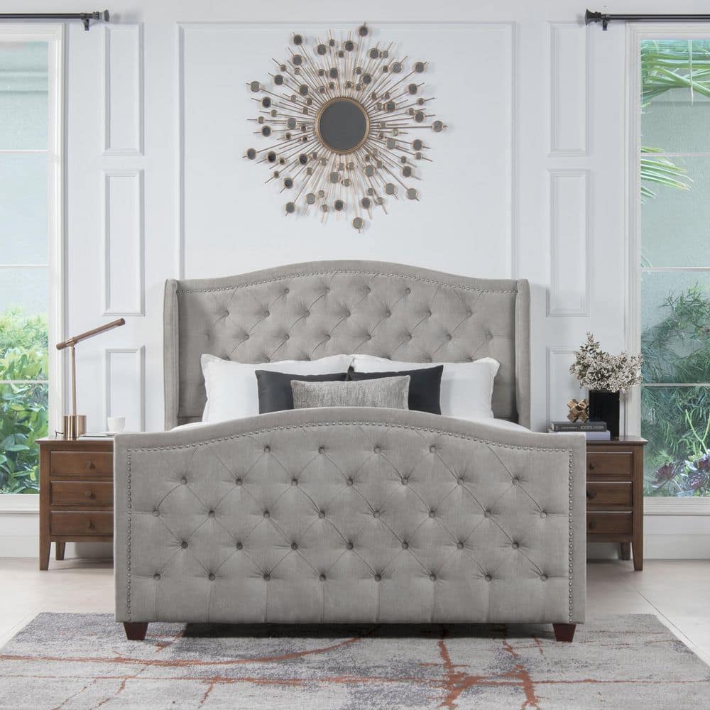 Marcella Queen Upholstered Bed with Tufted Headboard and Nailhead Trim, Silver Grey