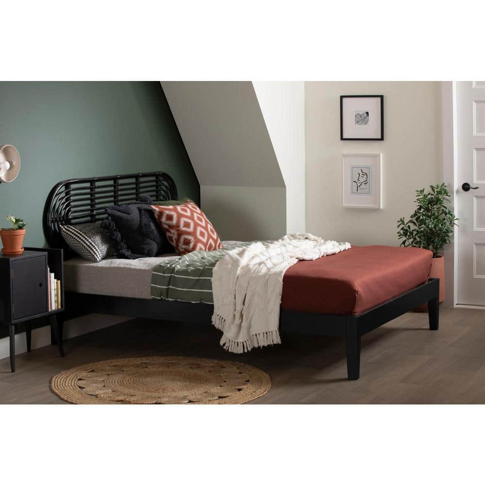 Black Queen Bed with Rattan Headboard and Wood Frame