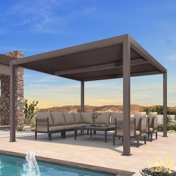 PURPLE LEAF 12 ft. x 12 ft. Bronze Aluminum Frame Outdoor Patio Louvered Pergola Gazebo with Adjustable Sunshade Rainproof Roof