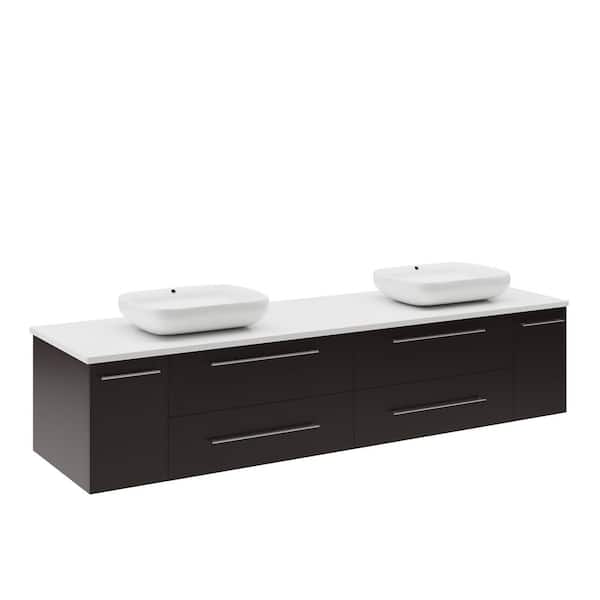 Fresca Lucera 72 in. Double Sink Wall Mount Floating Espresso Bath Vanity with White Quartz Top and Vessel Ceramic Sinks
