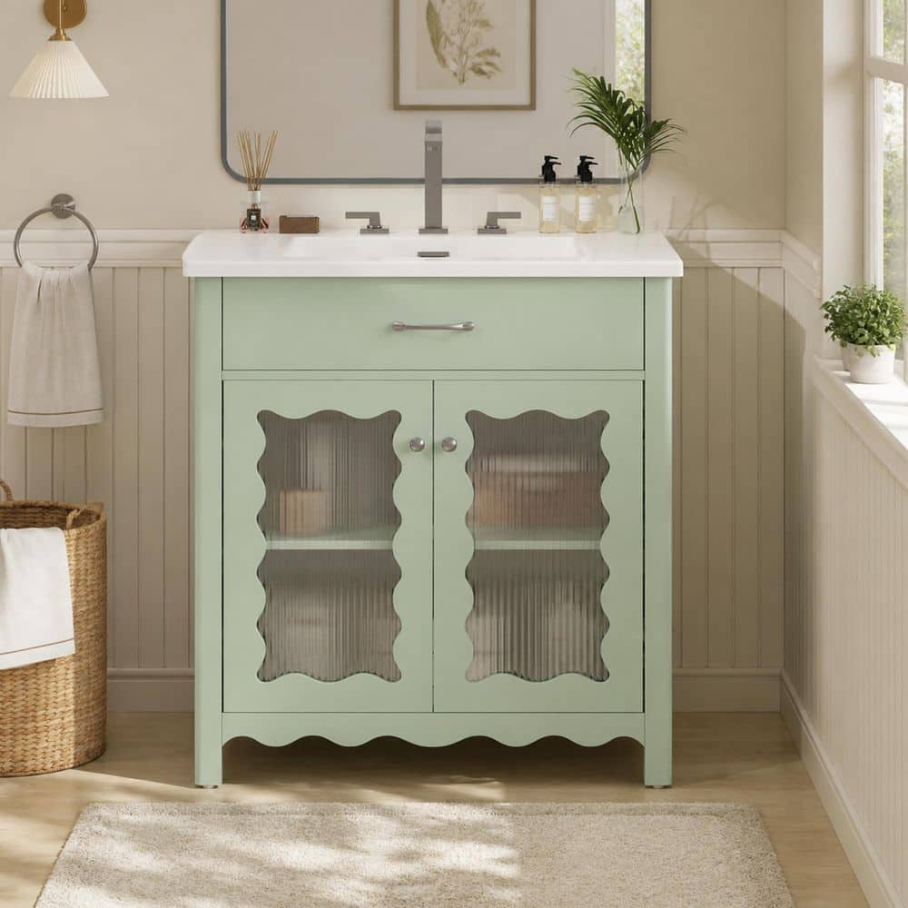 31 in. Single Sink Freestanding Green Bath Vanity with White Ceramic Top