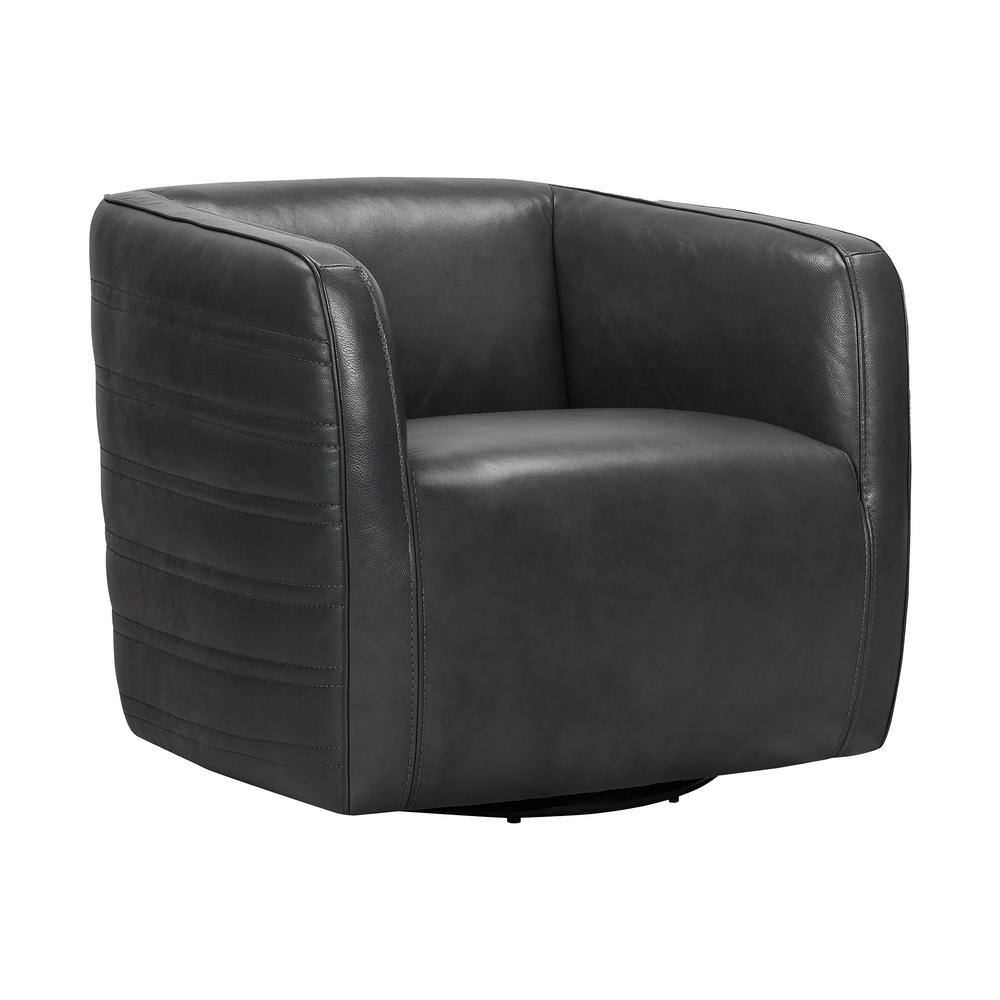 Pewter Leather Swivel Barrel Accent Chair with Wood Frame