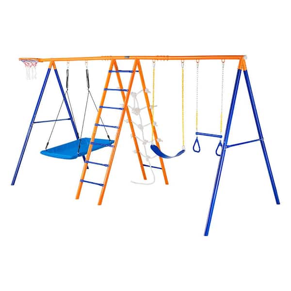 6-in-1 Swing Set for Backyard, Metal Outdoor Swing Set with 440 lbs. Capacity, 2 Swings, Trapeze Bar, Climbing Ladder