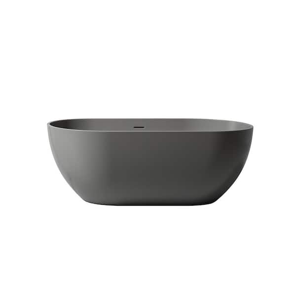 59.1 in. x 29.5 in. Solid Surface Stone Flatbottom Freestanding Soaking Bathtub with Center Drain in Gray