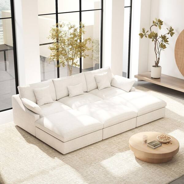 Magic Home 119 in. W Square Arm Linen Upholstered Rectangle 3-Seater Sectional Sofa with 3-Ottoman in White