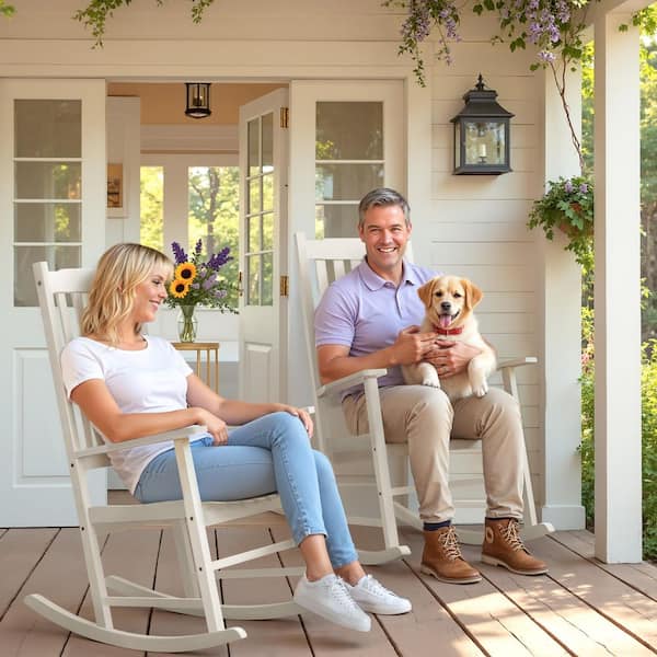 Tozey 2-Pieces White Acacia Wood Outdoor Rocking Chair Outdoor