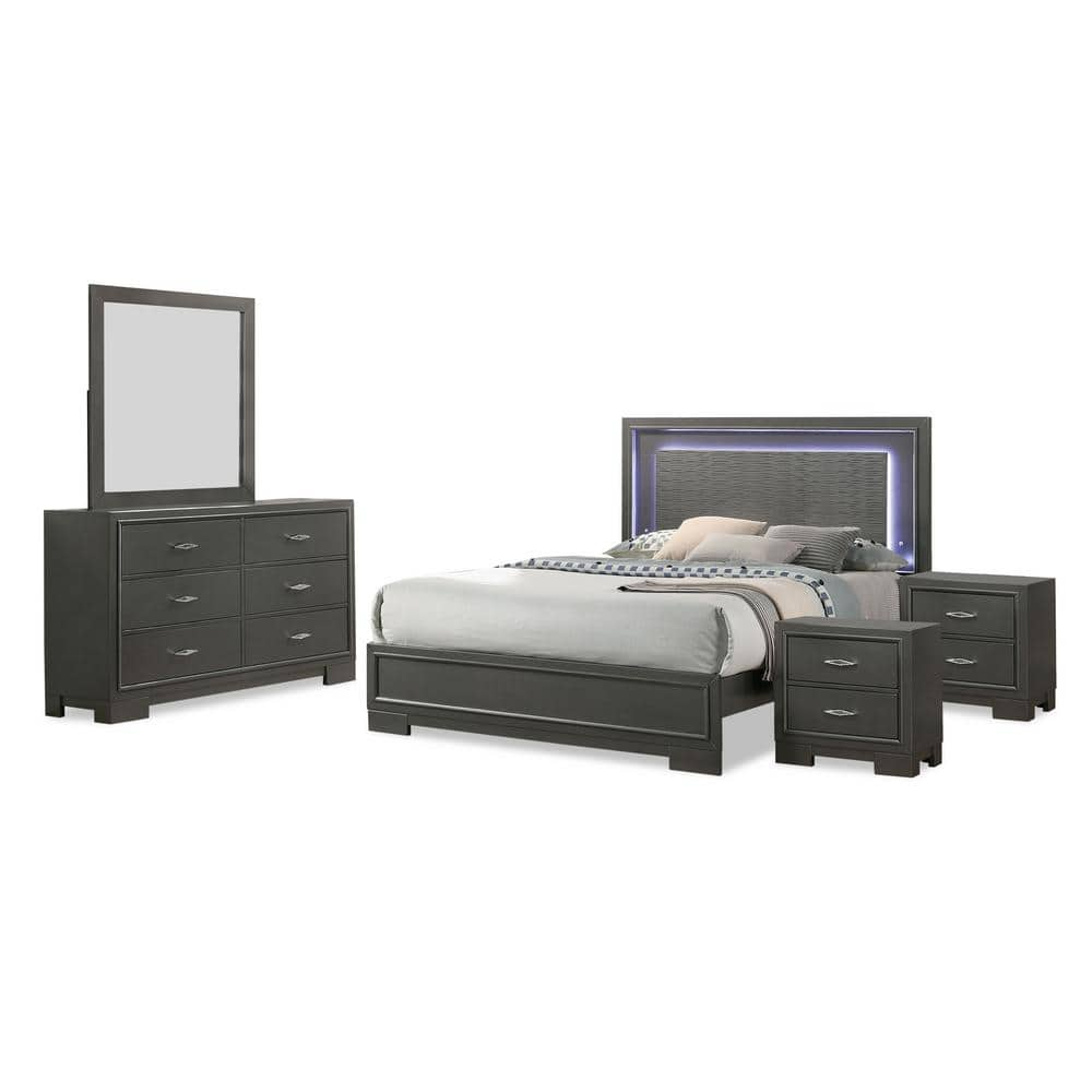 Jonvang 5-Piece LED Headboard Metallic Gray Wood California King Bedroom Set with Dresser/Mirror And 2-Nightstands -  Furniture of America, IDF7416GYCK-NDM