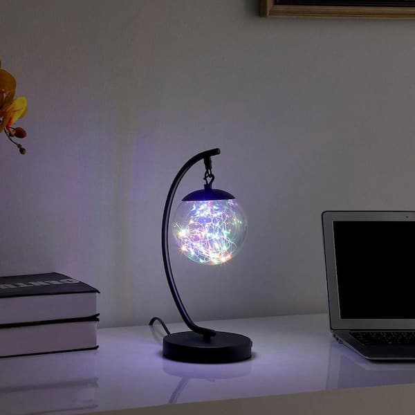 14 in. Pendulum Multi-Colored Led Glass Orb Black Metal Table Lamp with USB Port