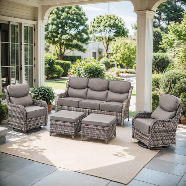 Bellefurn Nova Swivel Gray Wicker Outdoor Lounge Chair Patio Conversation Swivel Chair Set with 6 in. Thicked Gray Cushions