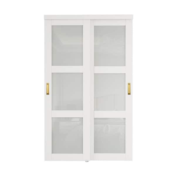 ARK DESIGN 48 in. x 80 in. 3-Lite Frosted Glass White Finished MDF Closet Sliding Door with Hardware and No Grooving Golden Handles