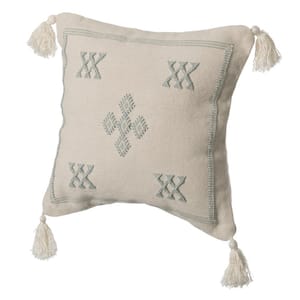 16 in. x 16 in. Grey and White Throw Pillow Cover with Southwest Tribal Pattern and Corner Tassels