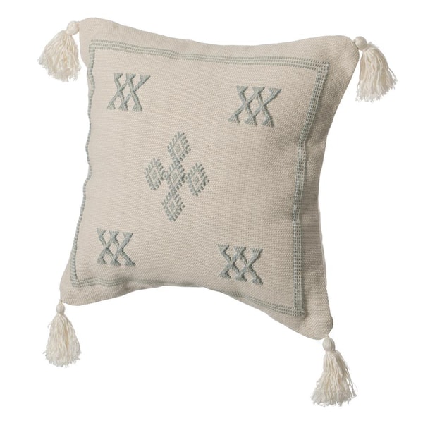 DEERLUX 16 in. x 16 in. Grey and White Throw Pillow Cover with Southwest Tribal Pattern and Corner Tassels with Filler