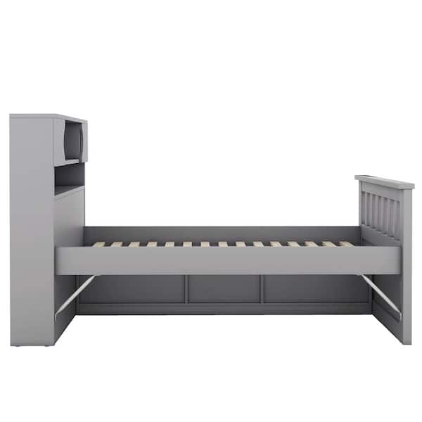 Gray Wood Frame Twin Size Platform Bed with Drawers and Storage Headboard