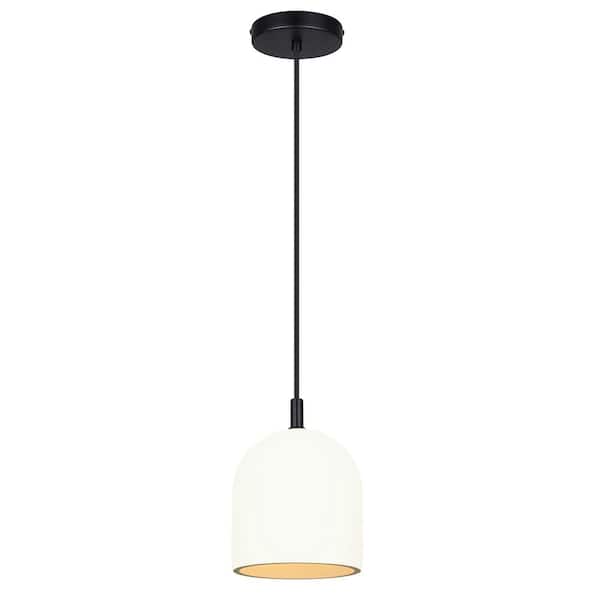 CANARM Jack 60-Watt 1-Light Matte Black Contemporary Pendant with White Cement Shade