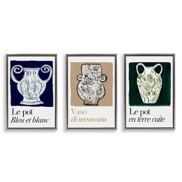French Floral Vases by Cartissi 3 Pieces Gray Floater Frame Typography Graphic Art Print 31 in. x 21 in.