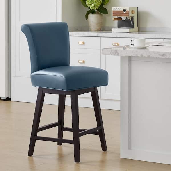 Spruce & Spring Dennis 26 in. Dark Blue High Back Solid Wood Frame Swivel Counter Height Bar Stool with Faux Leather Seat
