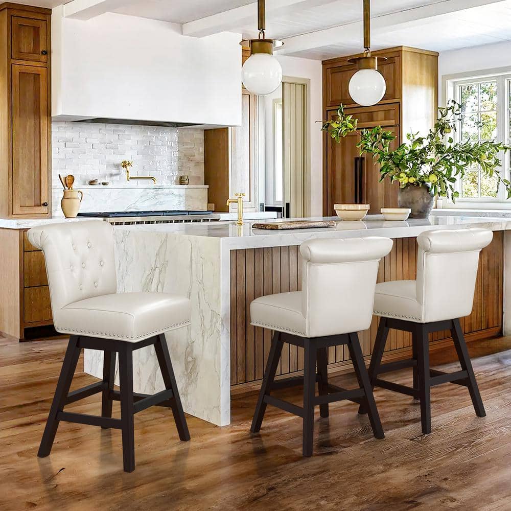 Caesar 26 in. White Faux Leather Swivel Upholstered Barstool Solid Wood Counter Stool with Nail Head Trim (Set of 3) price history on PriceWatchPro
