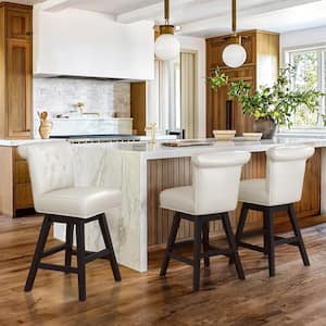 26 in. White Faux Leather Swivel Barstool Solid Wood Counter Stool with Nail Head Trim and Tufted Backrest Set of 3