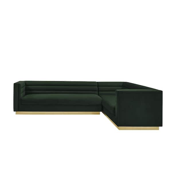 Inspired Home Annemarie 85in Width Square Arm Style Upholstered Velvet Tufted L Shaped Sofa in Hunter Green