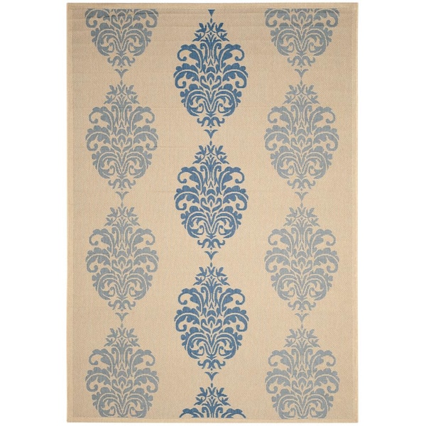 SAFAVIEH Courtyard Natural/Blue 9 ft. x 12 ft. Floral Indoor/Outdoor Patio  Area Rug