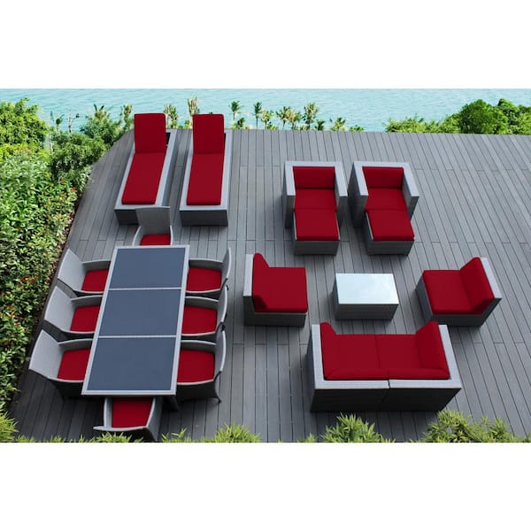 Ohana Depot Gray 20-Piece Wicker Patio Combo Conversation Set with Supercrylic Red Cushions