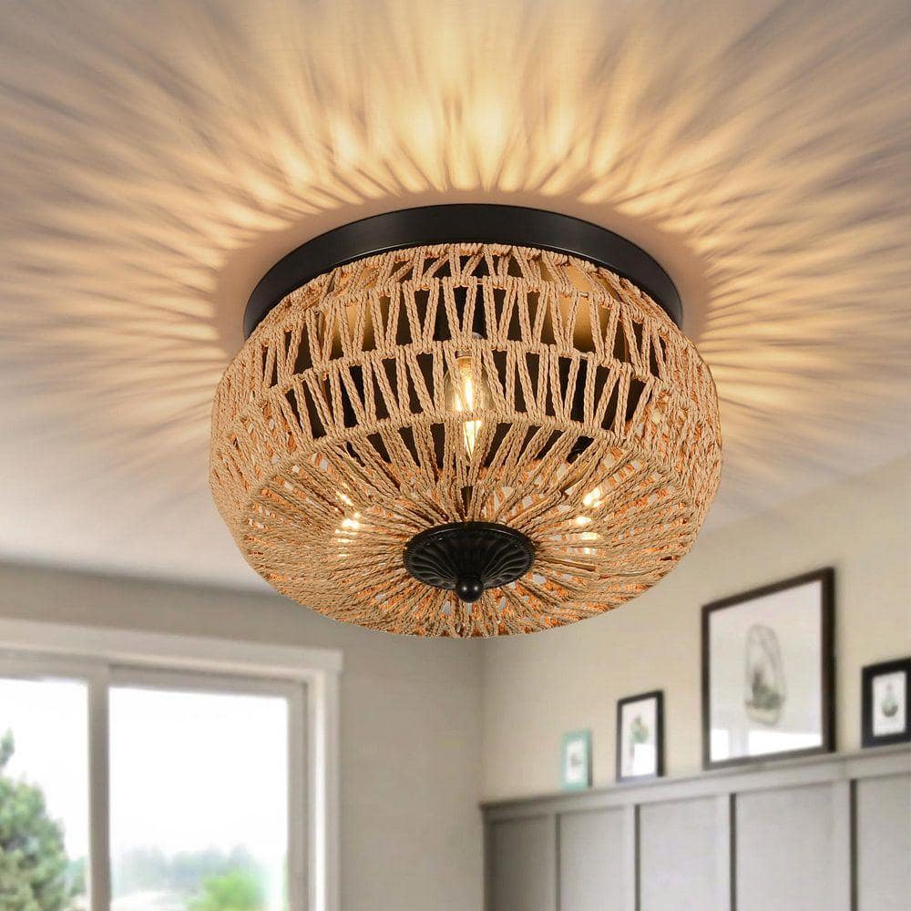 GMGSROM 12.6 in. 3-Light Woven Rattan Semi-Flush Mount Ceiling