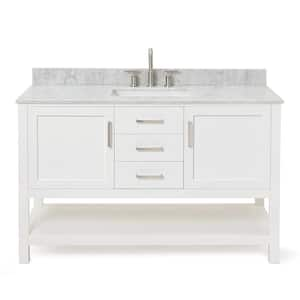 Bayhill 55 in. W x 22 in. D x 35.25 in. H Freestanding Bath Vanity in White with Carrara White Marble Top