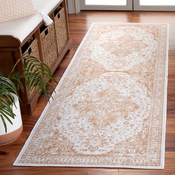 Arizona Beige/Gold 3 ft. x 8 ft. Machine Washable Transitional Medallion Runner Rug