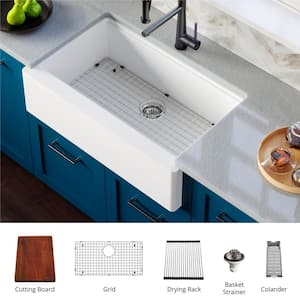 QAWS 740 qt. 34 in. Single Bowl Farmhouse Apron Front Workstation Kitchen Sink in White
