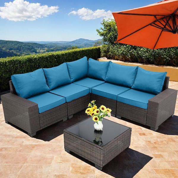 Unbranded 6-Pieces Brown Wicker Outdoor Sectional Set with Peacock Blue Cushions and Coffee Table