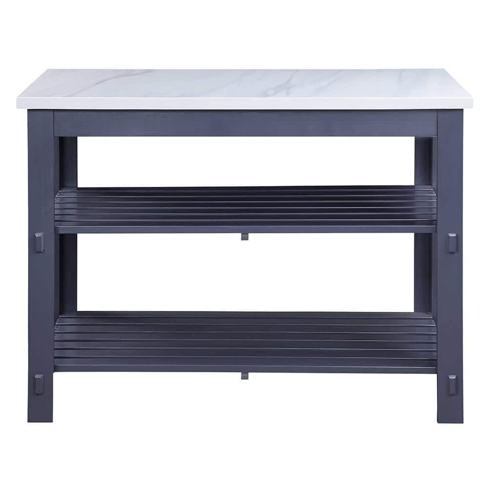 Gray Wooden Kitchen Island with Marble Top and Shelves