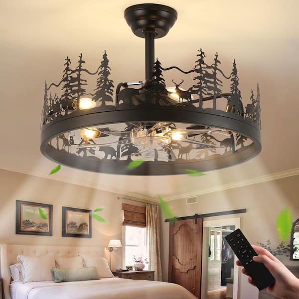 17.7 in. Farmhouse Black Flush Mount Ceiling Fan with Light Rustic Fandelier Fan and Remote Reversible Fan Blades